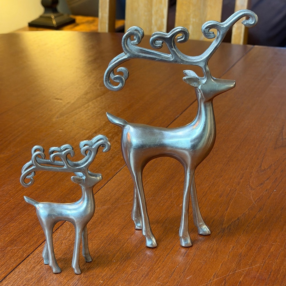 Vintage Christmas Brushed Heavy Metal Scroll Antler Reindeer Figurines Set of 2 - Picture 3 of 6